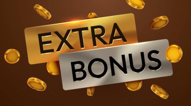 Altın ve gümüş kaplamalı ekstra ikramiye konsepti. Düşen altın paralarla çevrili. Terfi, ödül ve oyun teması için ideal. Vektör illüstrasyonu