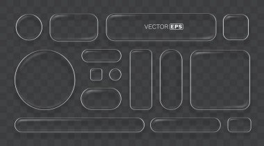 Şeffaf bir zemin üzerine kurulmuş gerçekçi cam çerçeveler ve düğmeler. UIUX tasarımı ve ağ elementleri için mükemmel. Vektör illüstrasyonu