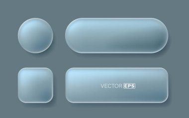 Modern cam düğme seti. Yumuşak gölgeli saydam yapay zeka elementleri. Uygulama ve web tasarımı için mükemmel. Vektör illüstrasyonu