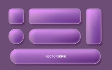 Zarif mor cam UI elementleri ve düğmeler ayarlandı. Temiz web ve uygulama tasarım projeleri için ideal. Vektör illüstrasyonu