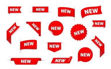 Canlı kırmızı etiketler, etiketler ve çıkartmalar, ürün duyuruları ve promosyonlar için mükemmel. Vektör illüstrasyonu