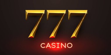 Kumar ve eğlence için arka planda parlak kırmızı neon harflerle altın 777 kumarhane tabelası. Vektör illüstrasyonu.