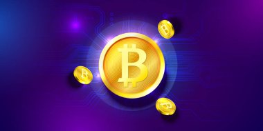 Dijital devre arka planında altın Bitcoin paralar, kripto ve finans için mükemmel. Vektör illüstrasyonu.