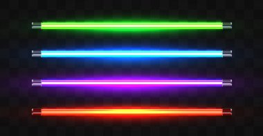 Şeffaf bir arkaplanda yeşil, mavi, mor ve kırmızı renklerden oluşan dört parlak ışıklı tüp. Vektör illüstrasyonu