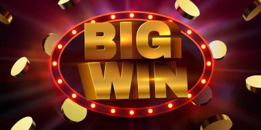 Parlayan Çerçeve ve Düşen Bozukluklarla dolu Altın Büyük Kazanç Metni. Karanlık, canlı bir arka plan. Vektör illüstrasyonu.