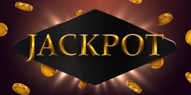 Altın JACKPOT tabelası. Düşen bozuk paralar, karanlık lüks arka planda. Kumarhane, oyun ve başarı temaları için mükemmel. Vektör illüstrasyonu.