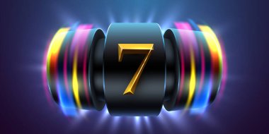 Bulanık Neon Reel Arkaplanda Dinamik Altın Yedi. Kumar, ikramiye ya da başarı kavramları için ideal. Vektör illüstrasyonu.