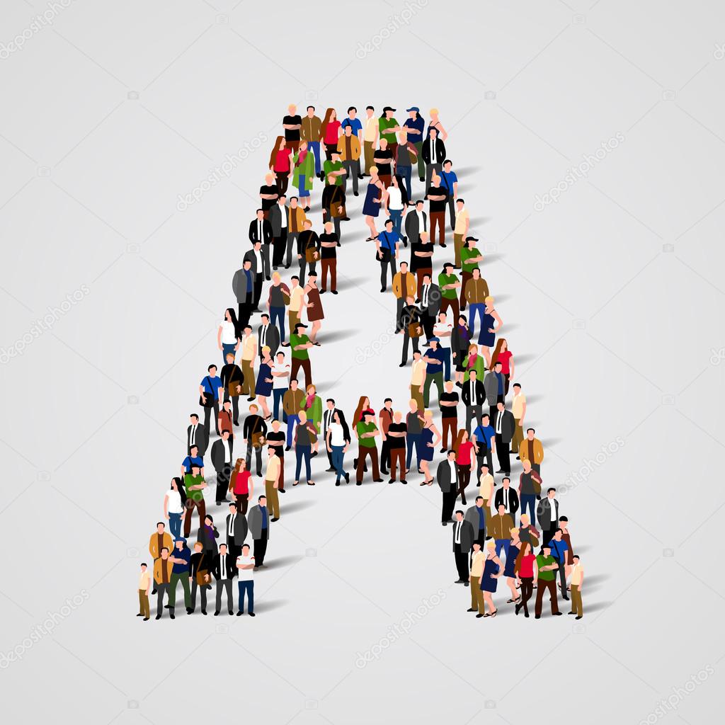 Large group of people in letter A form