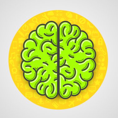 Karikatür yeşil beyin işareti simgeleri ile sarı daire içinde