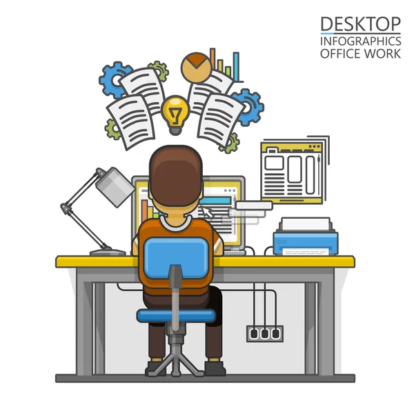 Hombre sentado en el escritorio y trabajando en el ordenador — Vector de stock