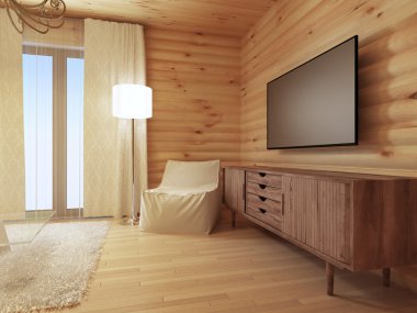 Wood TV console with a comfortable white armchair and a floor.