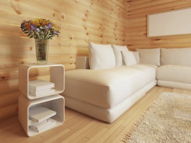 Modern living in a log interior with large white corner sofa.
