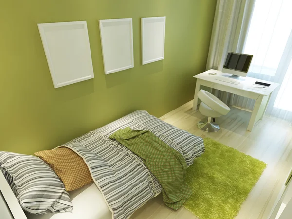 Eigentijdse tiener kamer voor groene kleur met een bed en een bureau. — Stockfoto