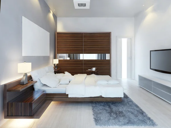 Projekt nowoczesnej lekkiej sypialni z dużą przesuwną szafką. — Zdjęcie stockowe