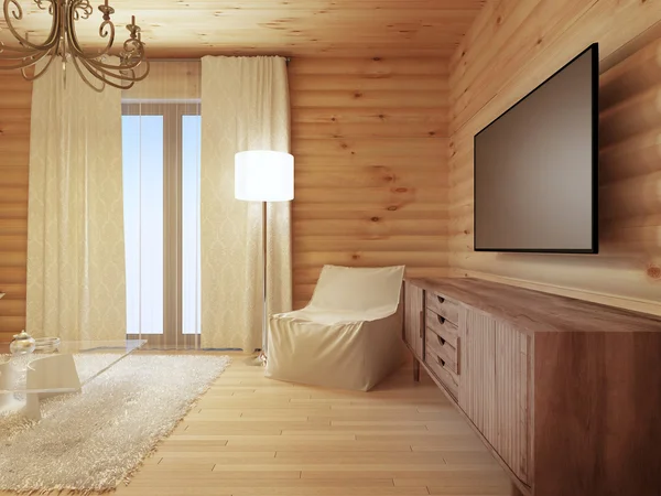 Wood TV console with a comfortable white armchair and a floor.