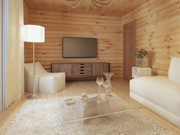 Wohnzimmereinrichtung in einem Blockhaus mit Konsole und Fernseher. — Stockfoto