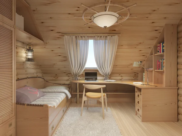 Log quarto interior para um adolescente da madeira em um marinho . — Fotografia de Stock