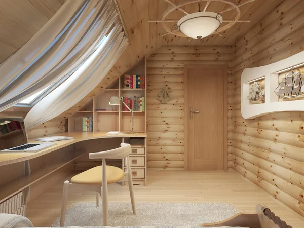 Salle intérieure en rondins pour une adolescente du bois dans un bateau . — Photo