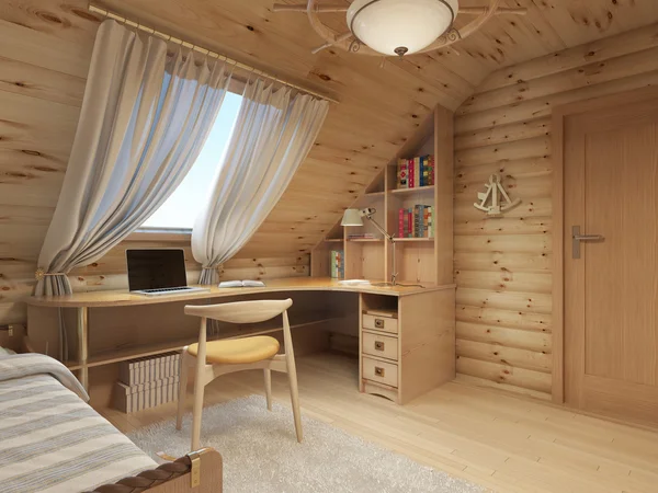 Blockhaus-Innenraum für einen Teenager aus dem Holz in einem Marine. — Stockfoto