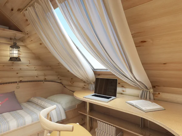 Bed and desk in the children's room in a log house. — Stock Photo, Image