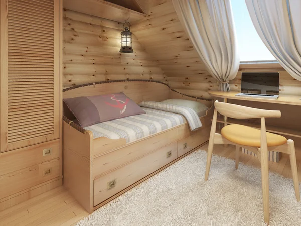 Bed en Bureau in de kinderkamer in een blokhut. — Stockfoto