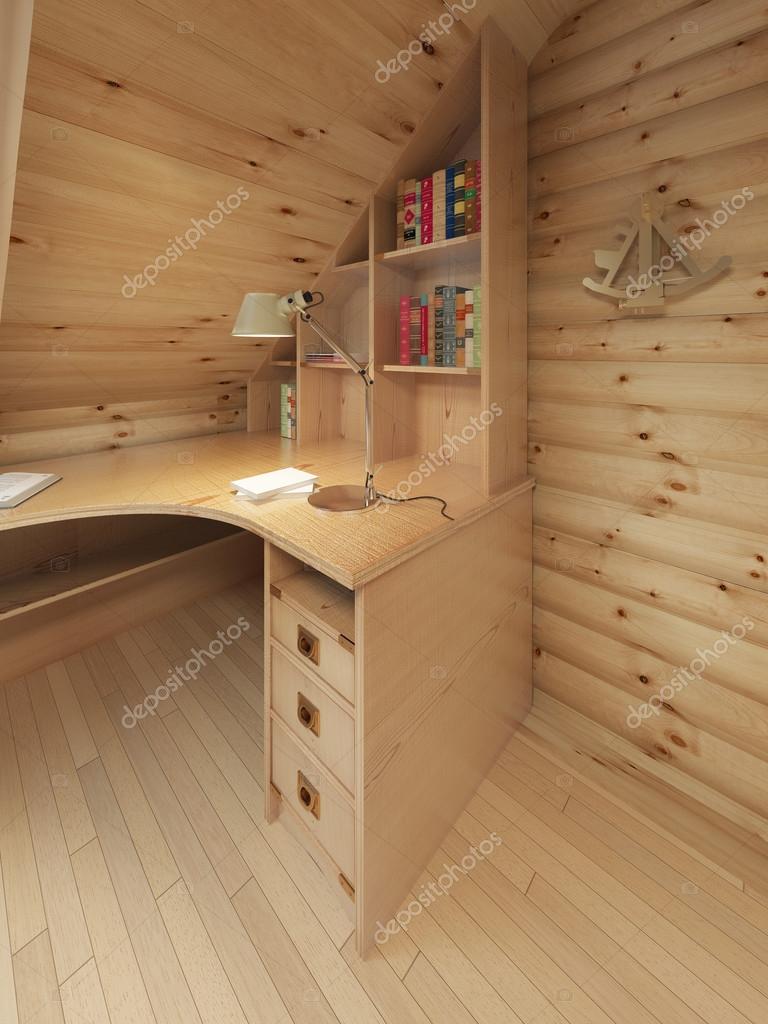 Corner Desk And Bookcase In A Log Interior Stock Photo