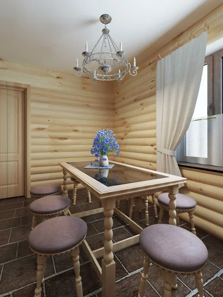 Mesa de comedor y sillas junto a la ventana en el interior de un tronco —  Fotos de Stock