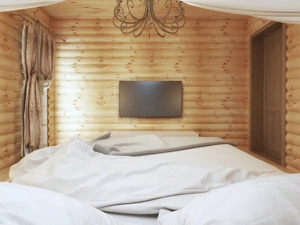 TV-Gerät in einem modernen Schlafzimmer Interieur in einem Holzscheit. — Stockfoto