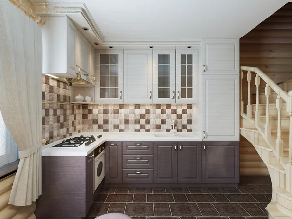 The kitchen in the log interior in a modern style of brown. — Stock Image The kitchen in the log interior in a modern style of brown. Royalty Free Stock Photos