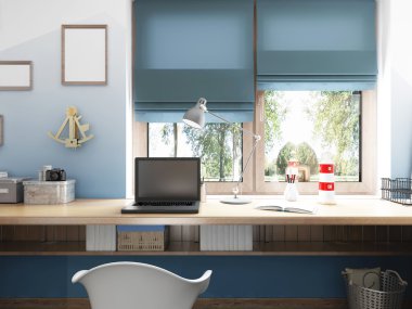 Dizüstü bilgisayar ve deniz dekoruna masaüstüön görünümü