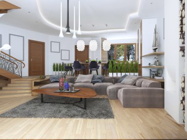 Bir kumaştan büyük bir köşe kanepe ile oturma odası