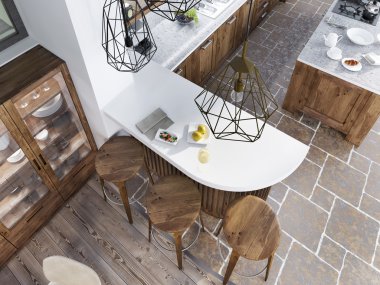 Mutfak loft tarzında bar sayacı. 