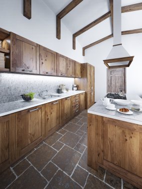 Rustik bir tarzda büyük güzel mutfak.