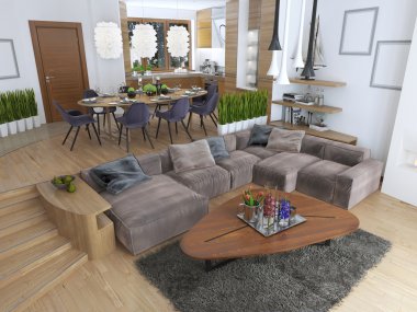 Oda mutfak ve yemek alanı ile bir stüdyo