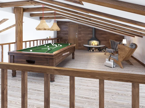 Billiard room in the attic with sitting area and fireplace. — Stock Fotó