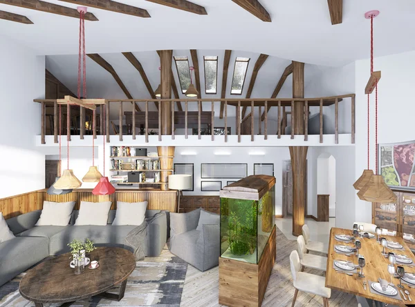 Grote studio in een loft-stijl met houten meubels en elementen. — Stockfoto