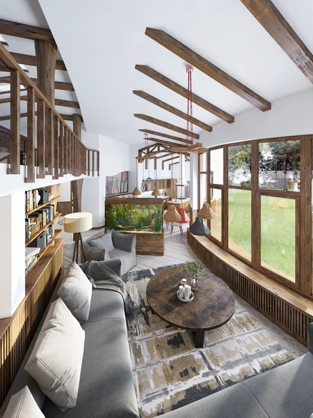Studio velký obývací pokoj s kuchyňským koutem a balkonem — Stock fotografie