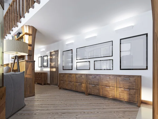 Der Flur im Loft-Stil mit Holzvertäfelungen und Gemälden — Stockfoto