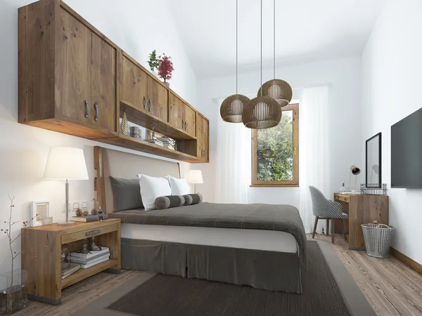 Bedroom loft-style with wooden furniture and white walls. — Stock Photo, Image