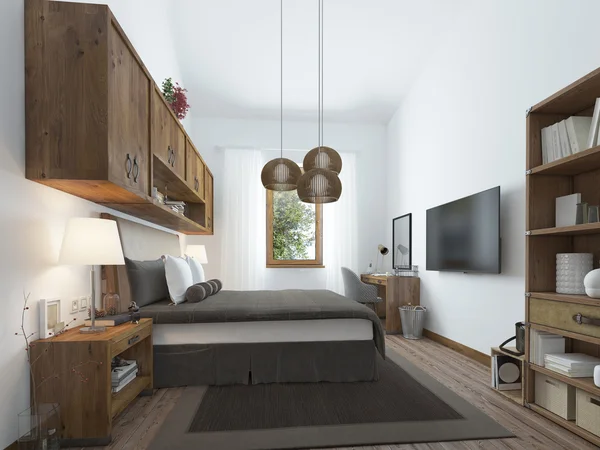 Großes Schlafzimmer im modernen Stil mit Elementen eines rustikalen Dachgeschosses. — Stockfoto