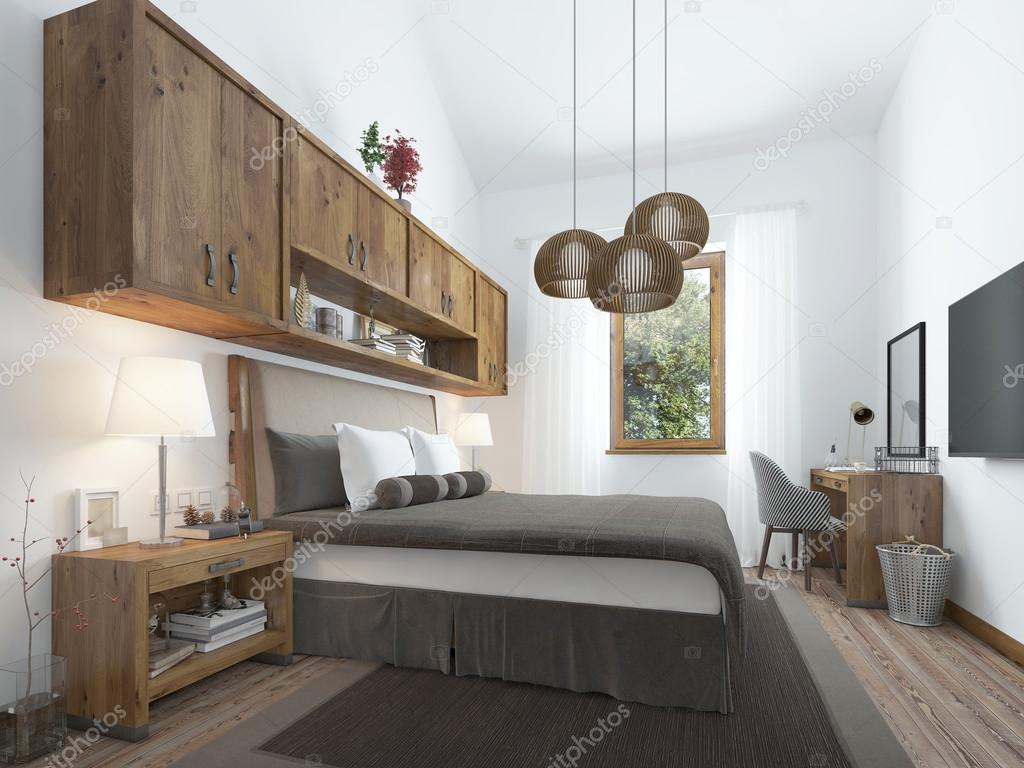 Bedroom Loft Style With Wooden Furniture And White Walls Stock