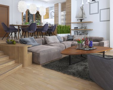 Oda mutfak ve yemek alanı ile bir stüdyo