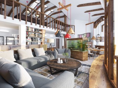 Büyük salon stüdyo ile küçük bir mutfak ve balkon