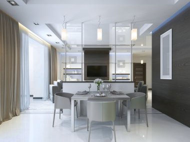 Bir yemek masası ile bir stüdyo dairede yemek. 