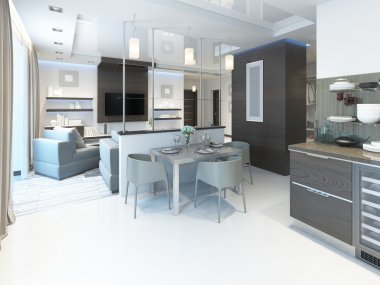 Bir yemek masası ile bir stüdyo dairede yemek. 