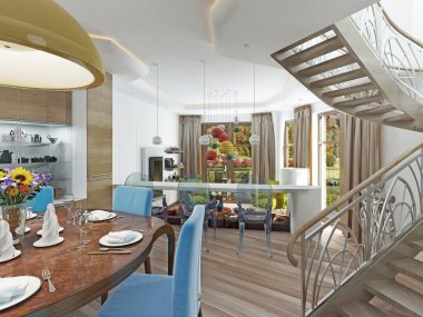 Secon erişimi ile yemek odasından bir spiral merdiven