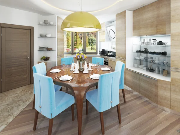 Modern dining room with kitchen in a trendy style kitsch. — Stock Photo, Image