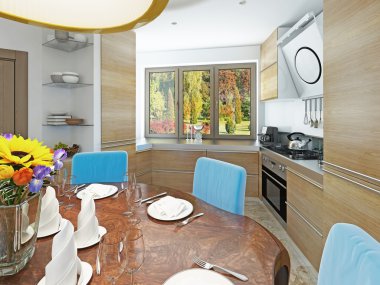 Kitsch tarzında modern mutfak yemek odası. 
