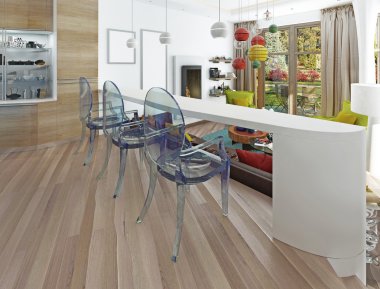 Üç şeffaf sandalye ile modern beyaz çubuğu.