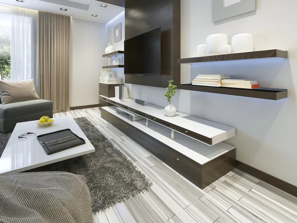 Tv와 선반 현대 거실에 있는 오디오 시스템 — 스톡 사진